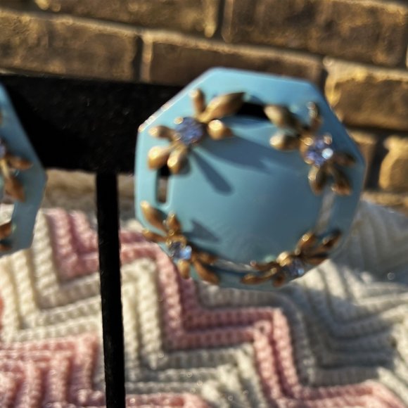 1950s Enamel Rhinestone Clip on Earrings - Picture 3 of 4